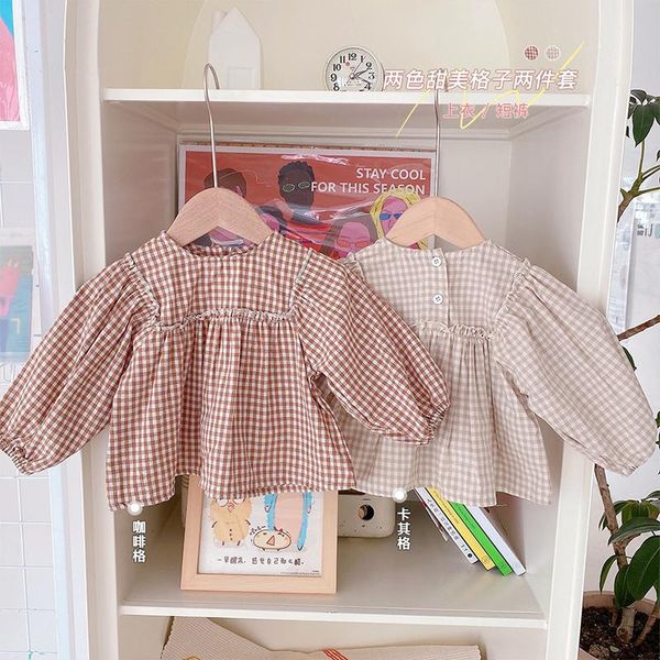 clothing sets 2pcs baby shorts set summer korean brand kid girl puff sleeve plaid dress cute casual suit, White