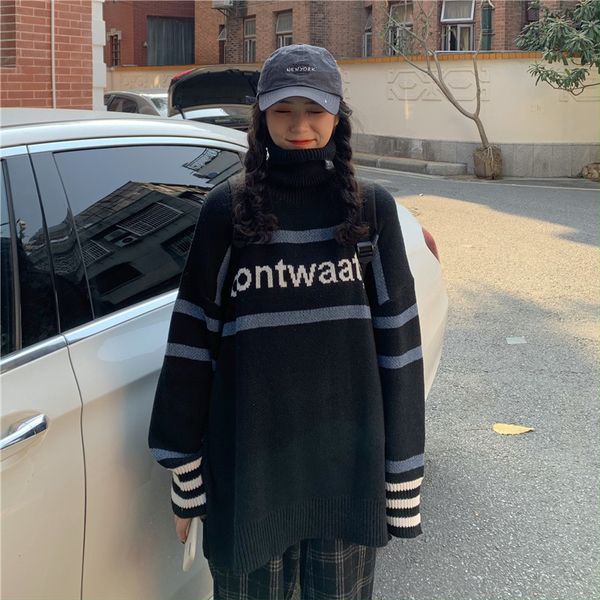 2021 new autumn loose oversize thermal pullover black turtleneck letter color matching knitted sweater women m9r3, White;black
2021 new autumn loose oversize thermal pullover black turtleneck letter color matching knitted sweater women m9r3, White;black