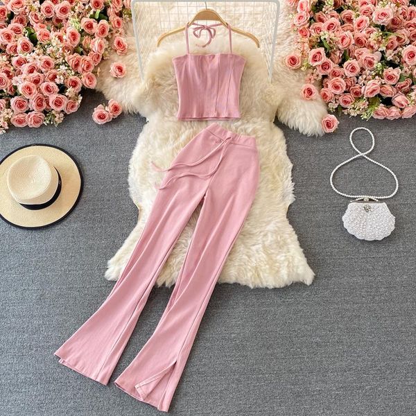 women's two piece pants high waist show thin elastic hip split flared sets girls fashion two-piece hanging neck bra sling vest suits, White
women's two piece pants high waist show thin elastic hip split flared sets girls fashion two-piece hanging neck bra sling vest suits, White