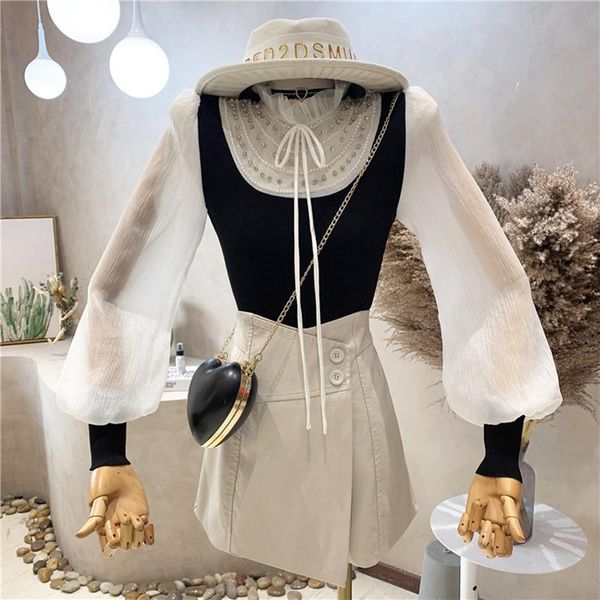 women's sweaters niche design clothing 2021 autumn vintage chiffon stitched bubble long sleeve knit shirt versatile sweater, White;black
women's sweaters niche design clothing 2021 autumn vintage chiffon stitched bubble long sleeve knit shirt versatile sweater, White;black