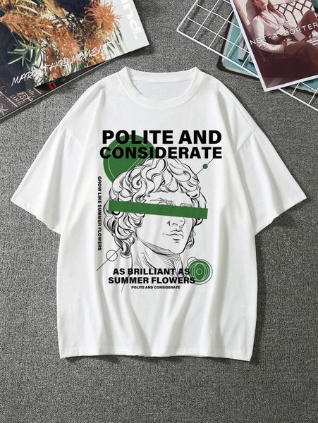 men slogan and figure graphic tee i69y#, White;black