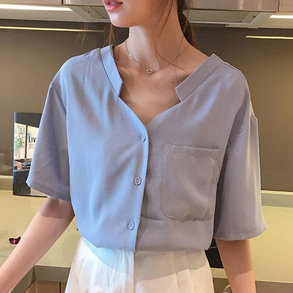 women's blouses & shirts summer v-neck chiffon blouse short sleeve button pocket loose shirt, White
women's blouses & shirts summer v-neck chiffon blouse short sleeve button pocket loose shirt, White