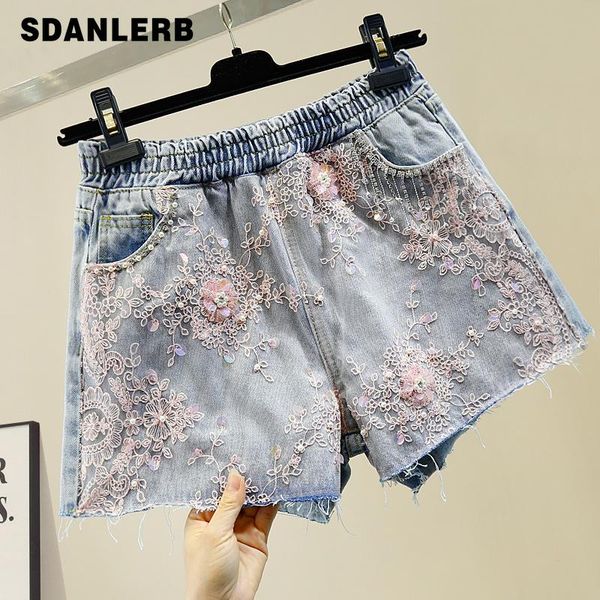 women's jeans summer denim shorts sequin tassel chain three-dimensional flower diamond set mesh stitching fashion pants, Blue
women's jeans summer denim shorts sequin tassel chain three-dimensional flower diamond set mesh stitching fashion pants, Blue