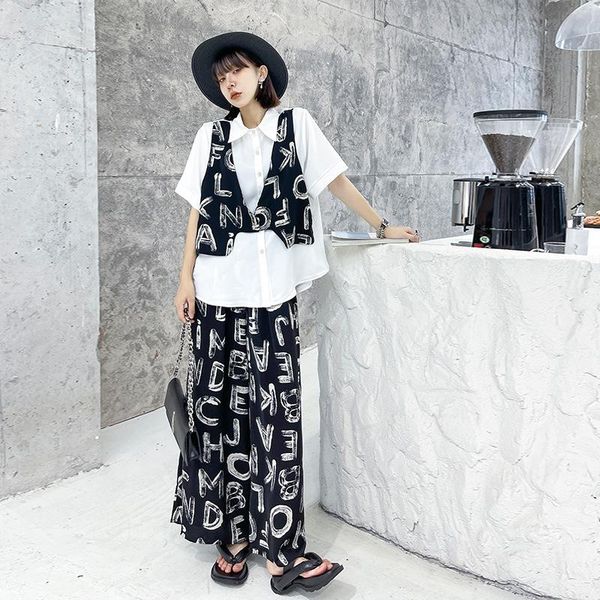 women's two piece pants false white shirt mujer patched black vest letter print elastic waist wide leg women summer casual sets
women's two piece pants false white shirt mujer patched black vest letter print elastic waist wide leg women summer casual sets