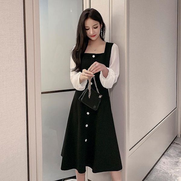 xiaoxiangfeng mid-length slim bottoming shirt 2021 spring and autumn new retro square neck stitching dress women, Black;gray 
xiaoxiangfeng mid-length slim bottoming shirt 2021 spring and autumn new retro square neck stitching dress women, Black;gray