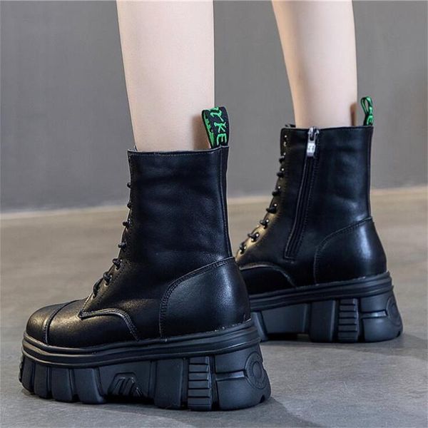boots genuine leather thick med heel motorcycle platform round toe metal rivets lace up ankle, Black
boots genuine leather thick med heel motorcycle platform round toe metal rivets lace up ankle, Black