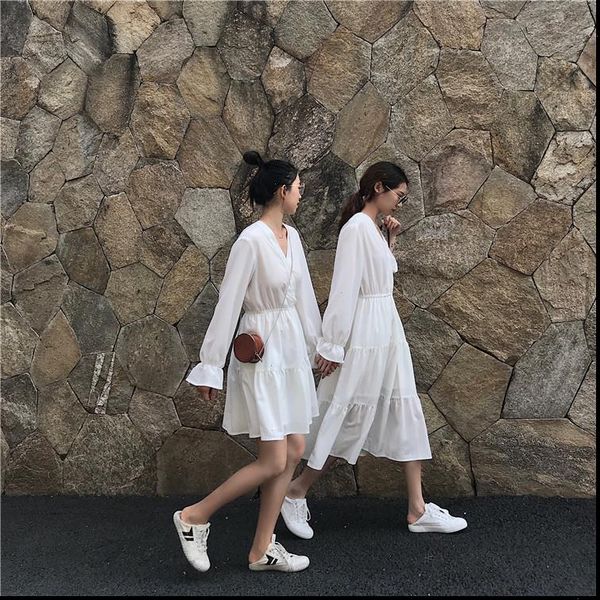 women white black dress elegant korean janpan kawii cute long sleeve v neck a line ruffle high waist loose casual sundress, Black;gray 
women white black dress elegant korean janpan kawii cute long sleeve v neck a line ruffle high waist loose casual sundress, Black;gray