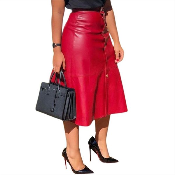 knee length a line fashion womens skirts elegant solid color button high waist pu leather female ol clothes, Black
knee length a line fashion womens skirts elegant solid color button high waist pu leather female ol clothes, Black