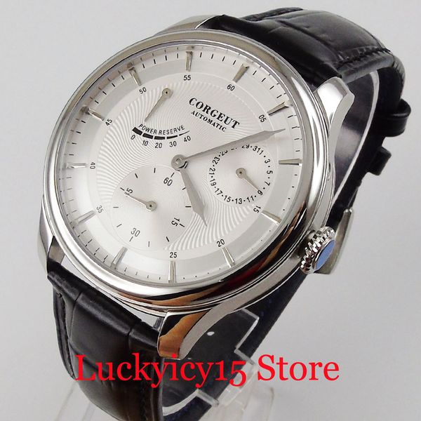 corgeut brand men watch automatic movement power reserve date indicator white dial leather band, Slivery;brown
corgeut brand men watch automatic movement power reserve date indicator white dial leather band, Slivery;brown