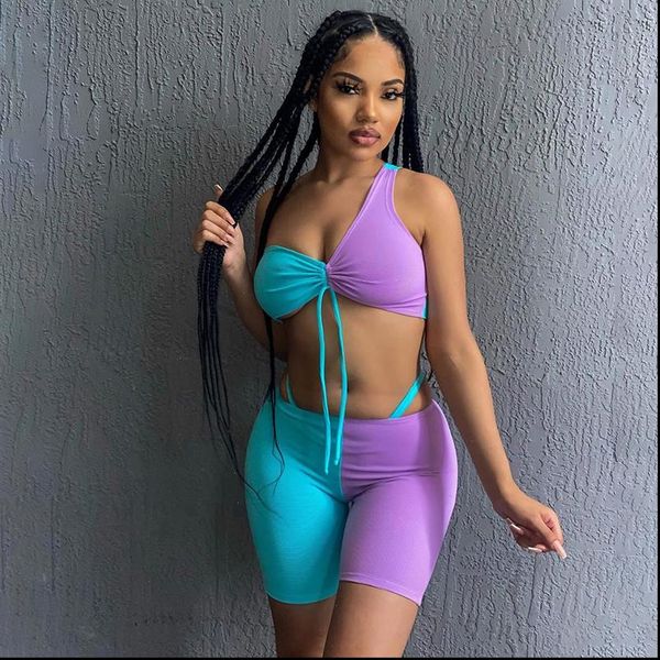 2021 tracksuit women one shoulder fitness two piece set purple blue patchwork crop biker shorts skinny casual outfits, Gray
2021 tracksuit women one shoulder fitness two piece set purple blue patchwork crop biker shorts skinny casual outfits, Gray