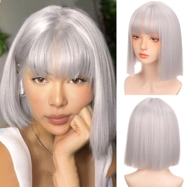 synthetic wigs houyan female short straight hair bobo wig pink silver green with bangs daily party, Black
synthetic wigs houyan female short straight hair bobo wig pink silver green with bangs daily party, Black