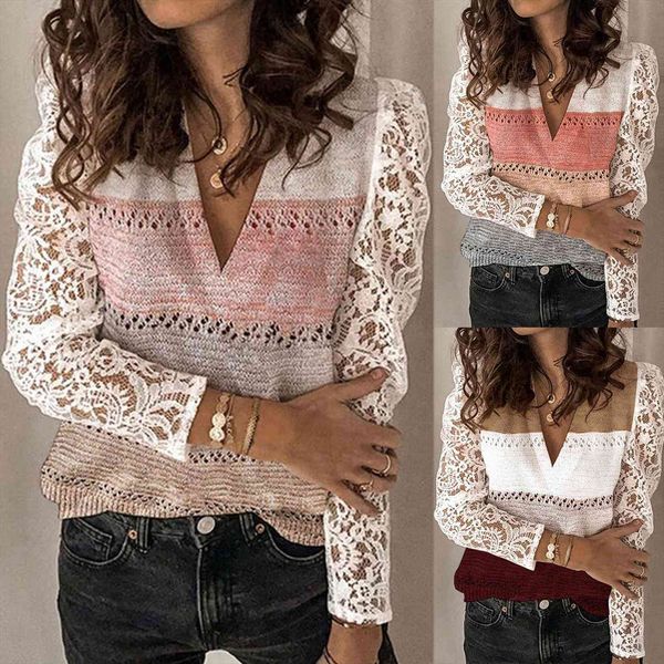 women casual lace color block womens sweater long sleeve v neck pullover knit ladies blouse with fashionable personality trim, White;black
women casual lace color block womens sweater long sleeve v neck pullover knit ladies blouse with fashionable personality trim, White;black