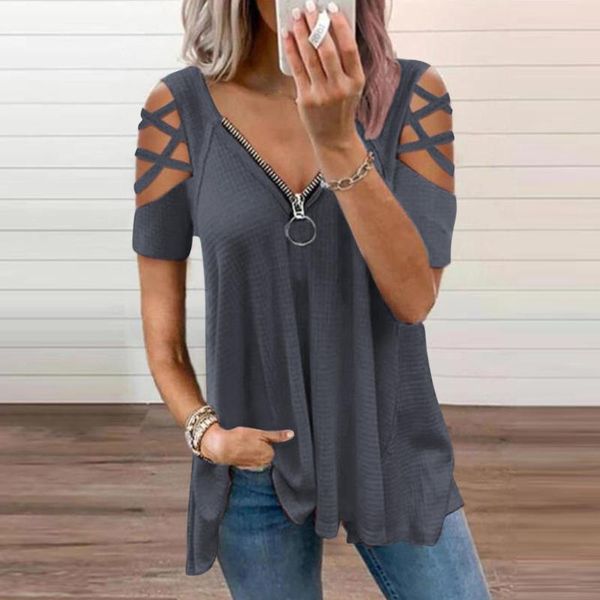 women's blouses & shirts women blouse zipper v neck hollow out bandage short sleeve solid knit loose fitting tee summer plus size eleg, White
women's blouses & shirts women blouse zipper v neck hollow out bandage short sleeve solid knit loose fitting tee summer plus size eleg, White