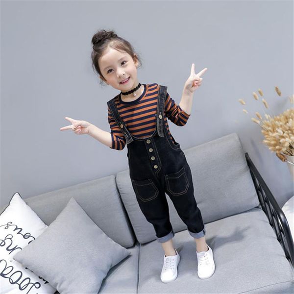 jumpsuits autumn kids girls clothes baby child striped long-sleeved t-shirt + button denim bib fashion jeans pants children clothing set30, Blue