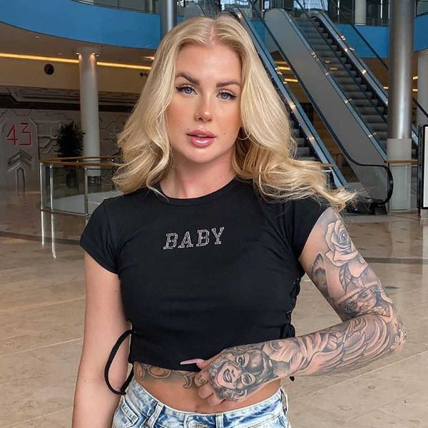 summer casual basic black t-shirt letter crop egirl drawstring women short sleeve tees streetwear female elegant 210712, White 
summer casual basic black t-shirt letter crop egirl drawstring women short sleeve tees streetwear female elegant 210712, White