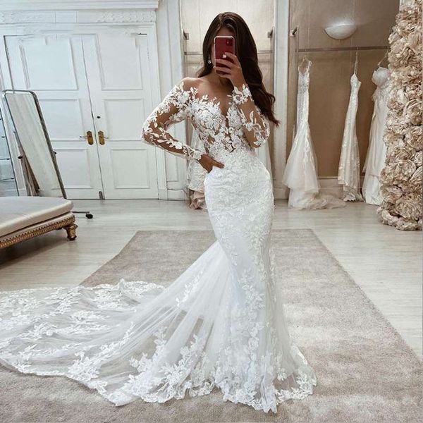 scoop neck long sleeves mermaid wedding dress bridal gowns lace appliques sweep train lace-up bride dress plus size, White
scoop neck long sleeves mermaid wedding dress bridal gowns lace appliques sweep train lace-up bride dress plus size, White