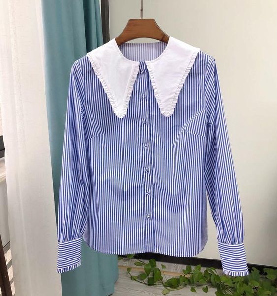 women's blouses & shirts 100% cotton brand fashion women high luxury spring autumn elegant doll collar cute loose navy striped long-sle, White
women's blouses & shirts 100% cotton brand fashion women high luxury spring autumn elegant doll collar cute loose navy striped long-sle, White