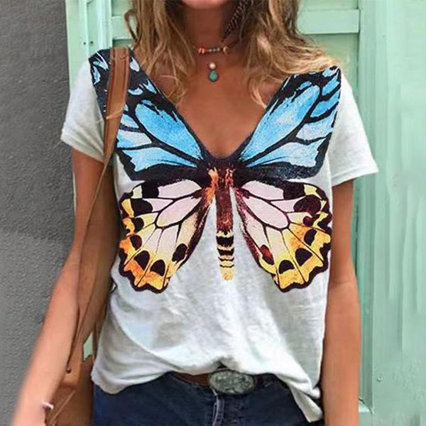 women's t-shirt butterfly print v-neck short sleeve tshirt printed loose causal laidies tees 2021 summer fashion all-match female, White
women's t-shirt butterfly print v-neck short sleeve tshirt printed loose causal laidies tees 2021 summer fashion all-match female, White