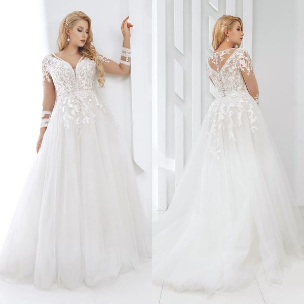 plus size wedding dresses a line lace applique long sleeves v neck beach bridal gowns sweep train vestidos de novia, White
plus size wedding dresses a line lace applique long sleeves v neck beach bridal gowns sweep train vestidos de novia, White