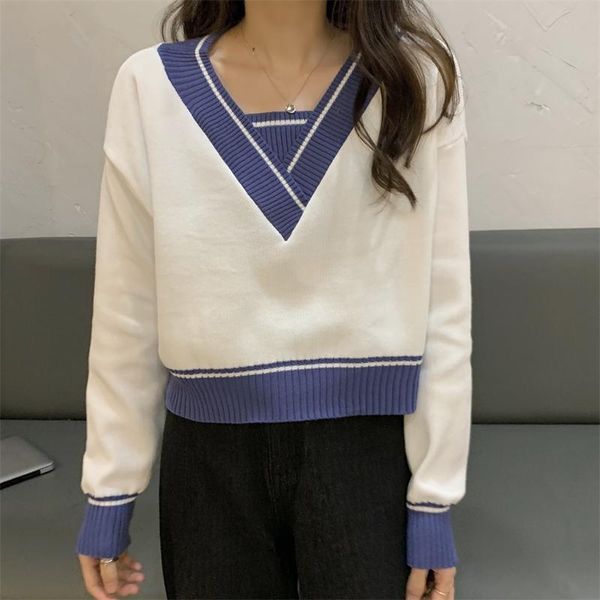 women's sweaters wool knitted sweater women v neck loose patchwork ribbed soft knitwear femme long sleeve casual short knit pullover fe, White;black
women's sweaters wool knitted sweater women v neck loose patchwork ribbed soft knitwear femme long sleeve casual short knit pullover fe, White;black