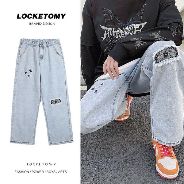 men's jeans 2021 high street cashew flower patch personality loose straight ripped hip hop stitching long pants, Blue
men's jeans 2021 high street cashew flower patch personality loose straight ripped hip hop stitching long pants, Blue