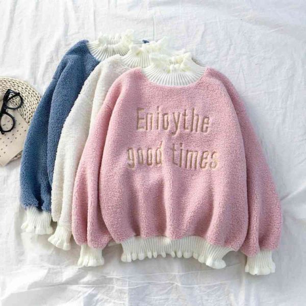 women's sweater version tide student winter plush thickened long sleeve lamb cashmere half high collar style, Black
women's sweater version tide student winter plush thickened long sleeve lamb cashmere half high collar style, Black