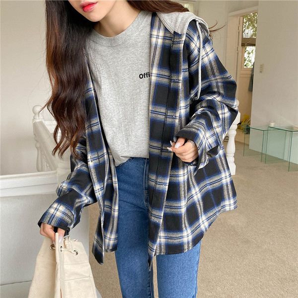 new 2021 spring shirt plaid with hood cut loose long sleeve shirts women's blouses cotton korean styles 163n, White;black
new 2021 spring shirt plaid with hood cut loose long sleeve shirts women's blouses cotton korean styles 163n, White;black