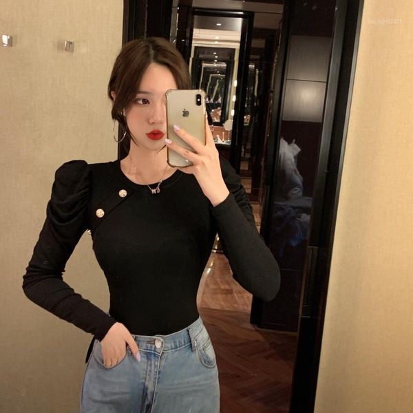 women's t-shirt solid color elegant button front long puff sleeve round neck slim fit tee 2021 autumn workwear women and t shirt, White
women's t-shirt solid color elegant button front long puff sleeve round neck slim fit tee 2021 autumn workwear women and t shirt, White