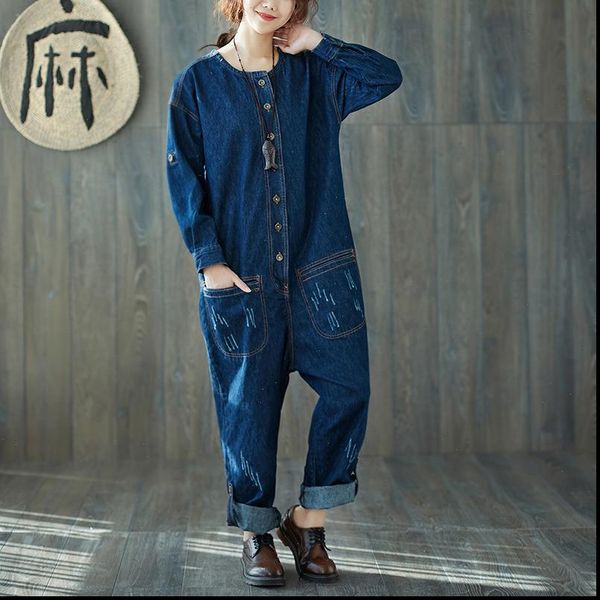 vintage jumpsuits women denim cloths safari style 2021 spring o neck long sleeve pockets dark blue casual jumpsuits, Black;white 
vintage jumpsuits women denim cloths safari style 2021 spring o neck long sleeve pockets dark blue casual jumpsuits, Black;white
