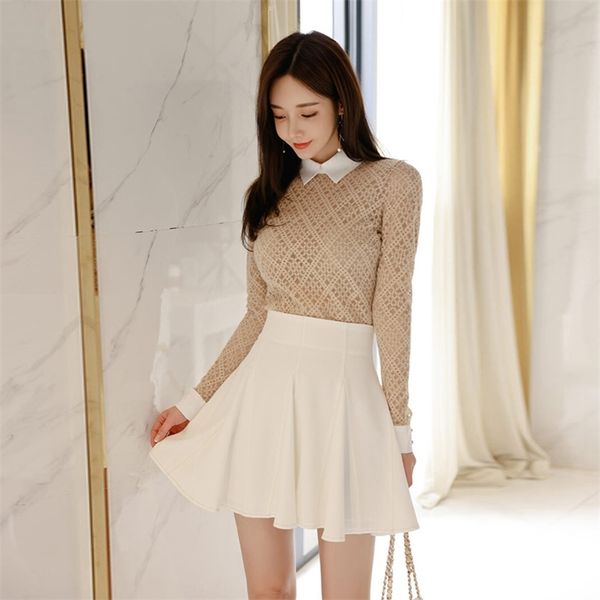 shirt suit 2 piece korean ladies fall lace long sleeve and white mini pleated skirt party suit for women 210602
shirt suit 2 piece korean ladies fall lace long sleeve and white mini pleated skirt party suit for women 210602