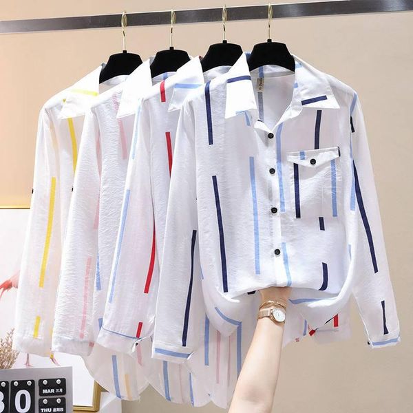 women's blouses & shirts summer thin irregular sunscreen shirt casual long sleeve striped letter print blouse blusa outwear, White
women's blouses & shirts summer thin irregular sunscreen shirt casual long sleeve striped letter print blouse blusa outwear, White