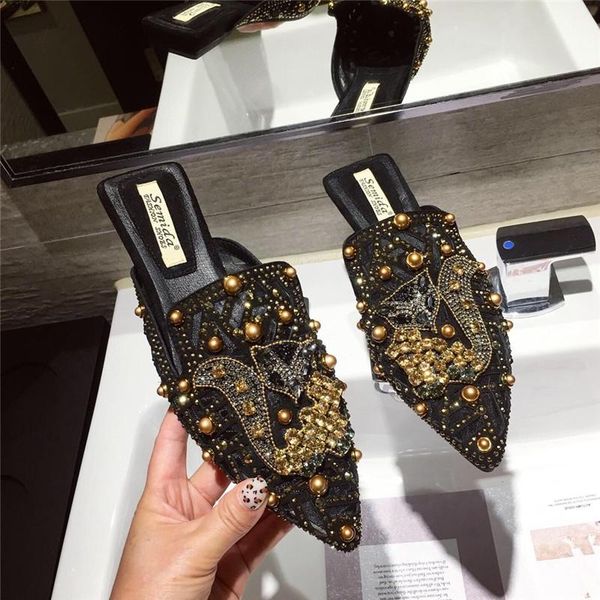 slippers for women pointed toe summer flats slip-on mules backless loafers luxury design shoes low heel rhinestone bling pumps, Black
slippers for women pointed toe summer flats slip-on mules backless loafers luxury design shoes low heel rhinestone bling pumps, Black