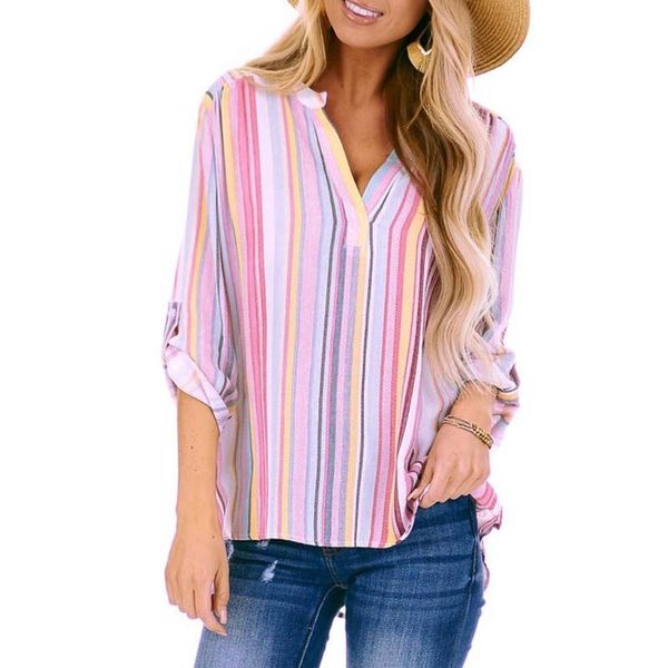 women's blouses & shirts womail shirt blouse v neck multicolor striped fashion autumn casual roll up long sleeves loose t730, White
women's blouses & shirts womail shirt blouse v neck multicolor striped fashion autumn casual roll up long sleeves loose t730, White