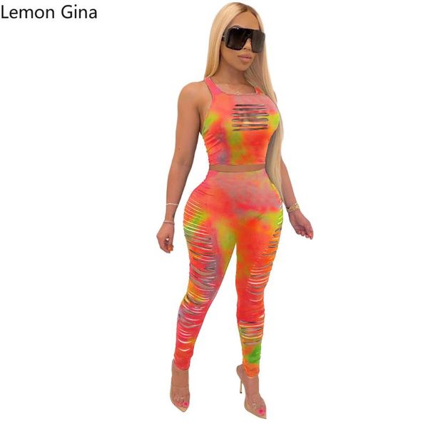 women's tracksuits lemon gina tie dye print set hole hollow out tank jogger pants suit tracksuit fitness matching sport outfit, Gray