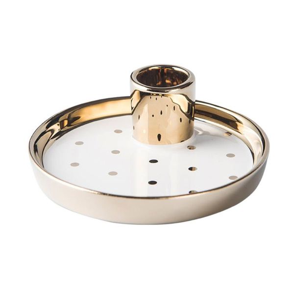 1pc plated candlestick candle holder tableceramic ring jewelry tray for home (golden)