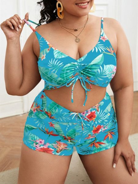plus tropical print drawstring bikini swimsuit 01vz#, Black 
plus tropical print drawstring bikini swimsuit 01vz#, Black