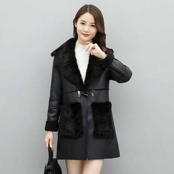women's leather & faux fur coat winter fashion thicken keep warm jacket lambswool sheepskin suede overcoat mid-length outerwear female, Black
women's leather & faux fur coat winter fashion thicken keep warm jacket lambswool sheepskin suede overcoat mid-length outerwear female, Black