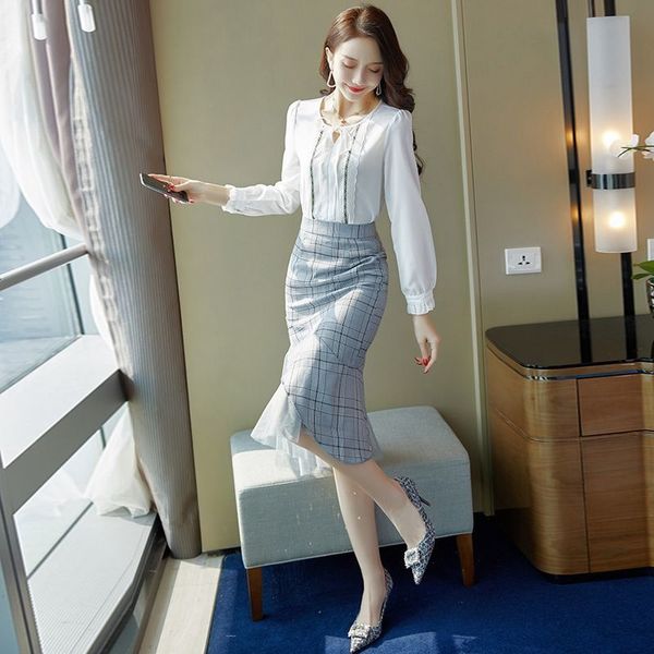 women 2021 spring autumn 2 piece set new female chiffon shirt + high waist mermaid skirt sets ladies slim elegant suit a6216r7n, Black;gray
women 2021 spring autumn 2 piece set new female chiffon shirt + high waist mermaid skirt sets ladies slim elegant suit a6216r7n, Black;gray