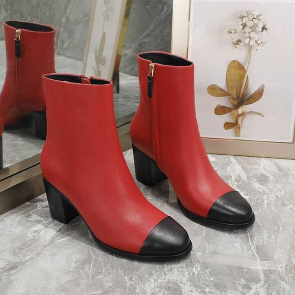 women winter designer ankle boots fashion patchwork side zipper chain thick heels short martin bottes femmes with box, Black
women winter designer ankle boots fashion patchwork side zipper chain thick heels short martin bottes femmes with box, Black