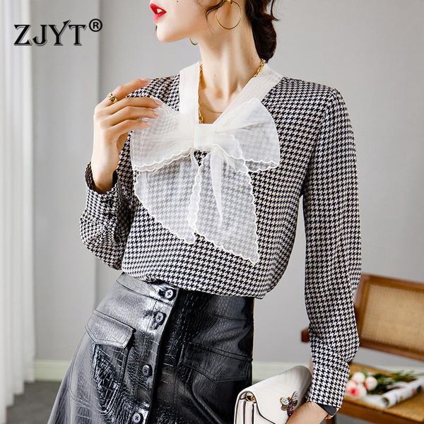 2021 spring luxury 100% silk blouse for women elegant long sleeve bow houndstooth print casual business office shirt vintage top, White
2021 spring luxury 100% silk blouse for women elegant long sleeve bow houndstooth print casual business office shirt vintage top, White