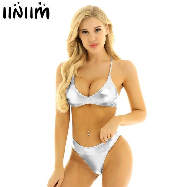 iiniim 2pcs womens shiny metallic bikini set for swimsuit swimwear strappy cross back crop with low rise briefs underwear, White;black