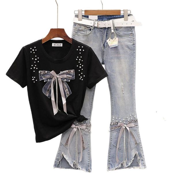 women's two piece pants summer two-piece suit female 2021 fashion beaded bow t-shirt + frayed denim flared 2-piece set, White
women's two piece pants summer two-piece suit female 2021 fashion beaded bow t-shirt + frayed denim flared 2-piece set, White