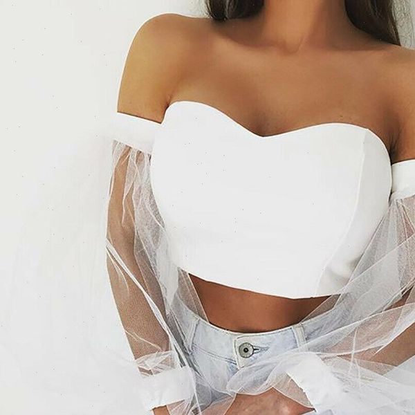 women off shoulder v neck solid crop fashion ladies mesh bubble sleeve high street, White
women off shoulder v neck solid crop fashion ladies mesh bubble sleeve high street, White