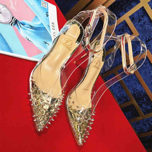 dress shoes sandálias femininas transparentes de salto alto, calçado alto fino com rebite, borracha uma linha ovrs, Black