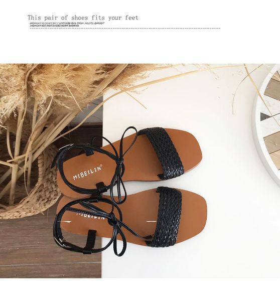 flat sandal for women with braided upper holiday shoe cross strap sandal for women, Black