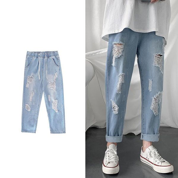 men's jeans men size 5xl plus straight loose hole ankle length elastic waist trendy high street ripped males baggy vintage trousers, Blue
men's jeans men size 5xl plus straight loose hole ankle length elastic waist trendy high street ripped males baggy vintage trousers, Blue