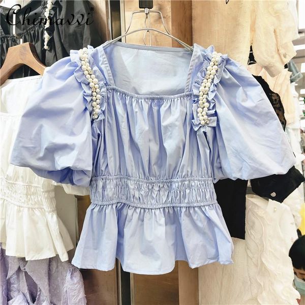 women's blouses & shirts 2021 summer beaded pearl square collar puff short sleeve chiffon shirt women lacework ruffled waist-slimming t, White
women's blouses & shirts 2021 summer beaded pearl square collar puff short sleeve chiffon shirt women lacework ruffled waist-slimming t, White