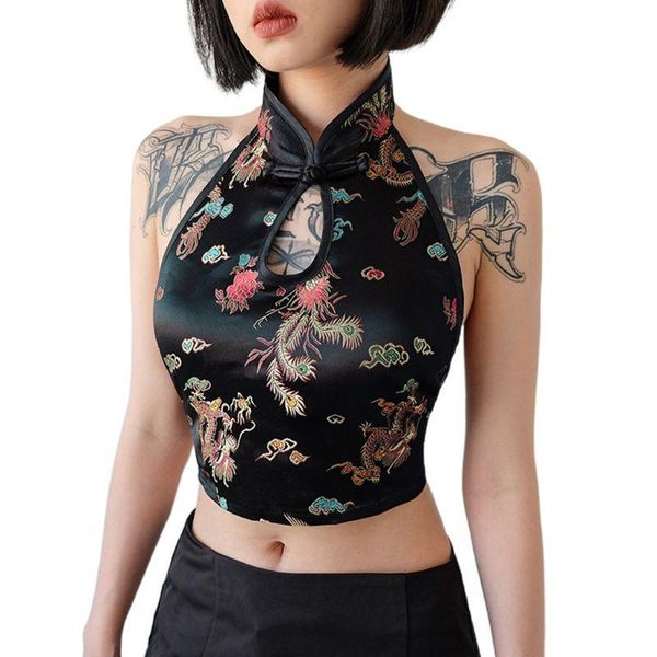 womens chinese style halter sleeveless crop dragon embroidery backless vest d08e, White
womens chinese style halter sleeveless crop dragon embroidery backless vest d08e, White