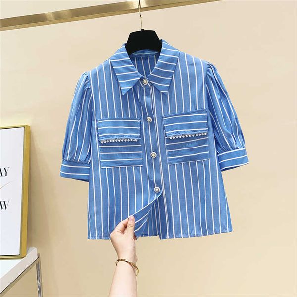 blue vertical stripe pocket bead short sleeve loose turn-down collar shirts womens 210615, White
blue vertical stripe pocket bead short sleeve loose turn-down collar shirts womens 210615, White