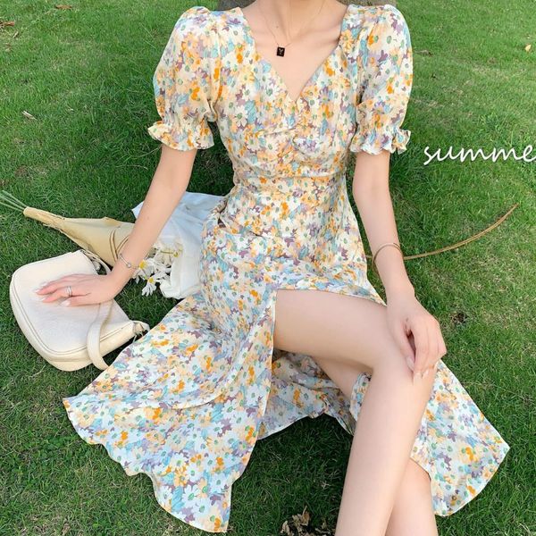 french elegant dress slim summer v-neck casual short puff sleeve chic fairy floral one-piece dress korean style chic, Black;gray
